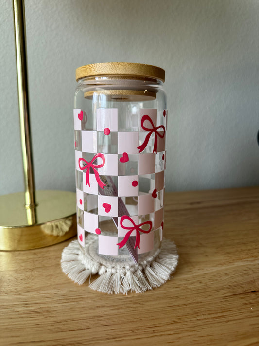 Glass Checkered Pink Bows Cup (RTS)