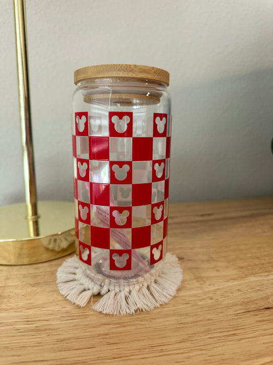Glass Red Checkered Mickey Cup (RTS)