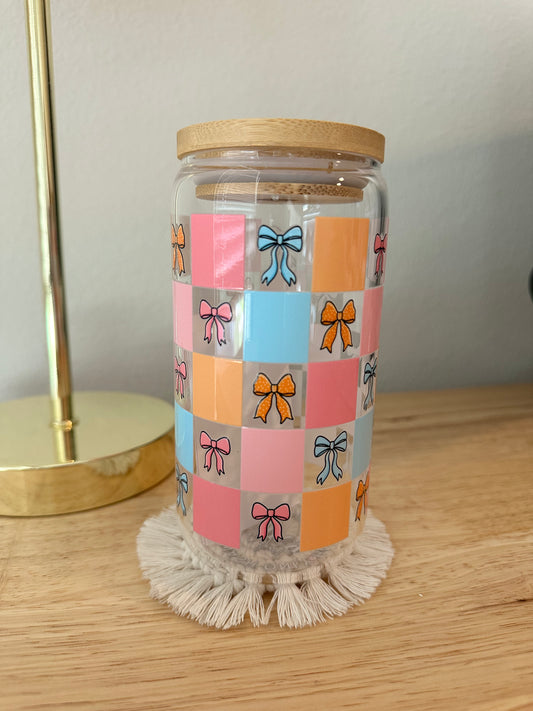 Glass Colorful Checkered Bows Cup (RTS)