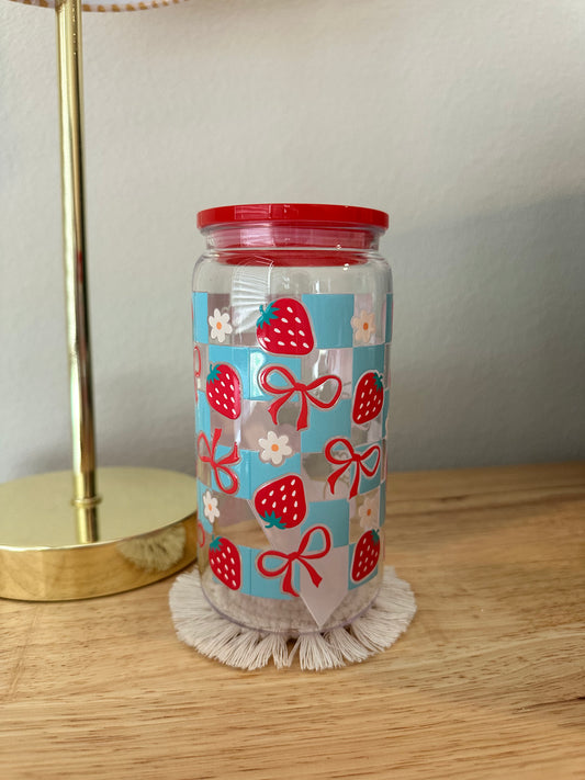 Plastic Blue Checkered Strawberries Cup (RTS)